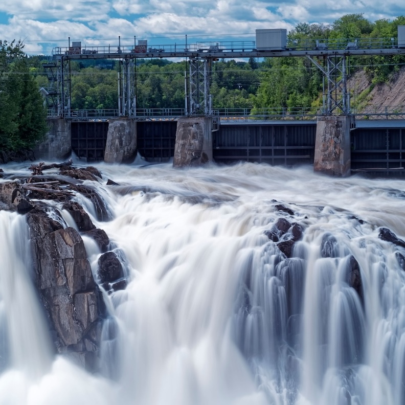 A hydroelectric dam and cascading water